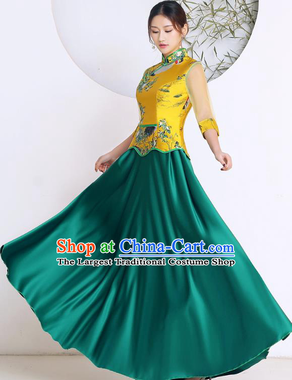 Chinese Traditional Chorus Costumes Stage Performance Printing Yellow Blouse and Green Skirt Outfits