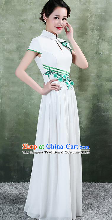 China Stage Performance Chorus Clothing Classical Embroidery White Qipao Dress Catwalks Show Cheongsam