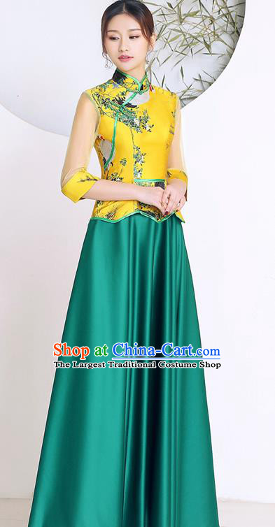 Chinese Traditional Chorus Costumes Stage Performance Printing Yellow Blouse and Green Skirt Outfits