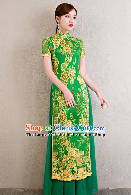 China Classical Dance Lace Sequins Green Qipao Dress Catwalks Show Aodai Cheongsam