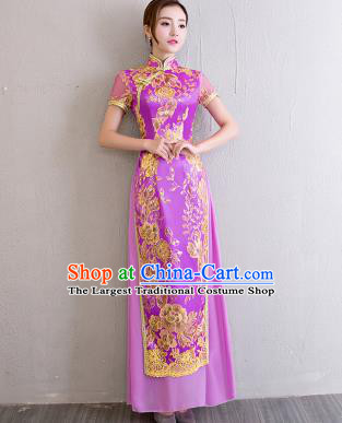 China Bride Clothing Catwalks Show Aodai Cheongsam Classical Dance Lace Sequins Violet Qipao Dress