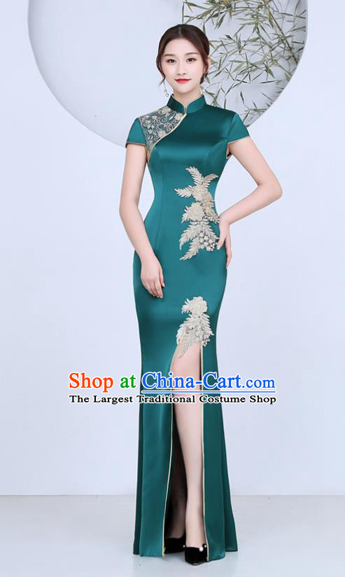 China Stage Performance Evening Dress Clothing Classical Green Satin Qipao Catwalks Show Cheongsam