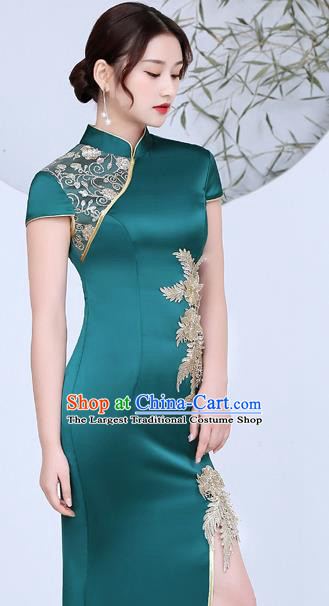 China Stage Performance Evening Dress Clothing Classical Green Satin Qipao Catwalks Show Cheongsam