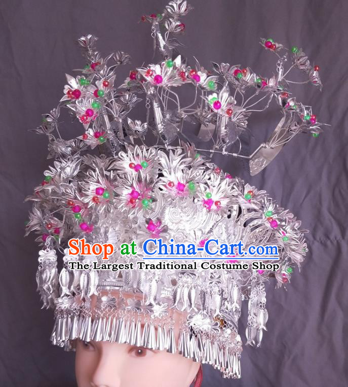 China Guizhou Miao Nationality Folk Dance Silver Phoenix Coronet Traditional Ethnic Woman Hat Hair Accessories