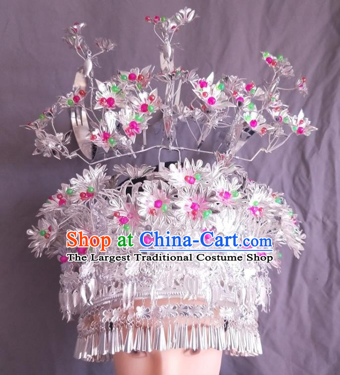 China Guizhou Miao Nationality Folk Dance Silver Phoenix Coronet Traditional Ethnic Woman Hat Hair Accessories