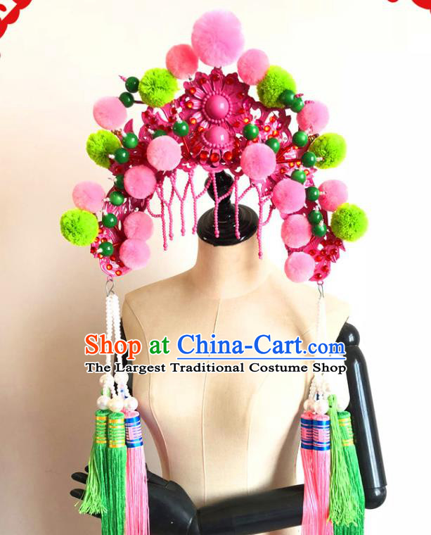 China Traditional Beijing Opera Hat Handmade Ancient Princess Rosy Phoenix Coronet Headwear