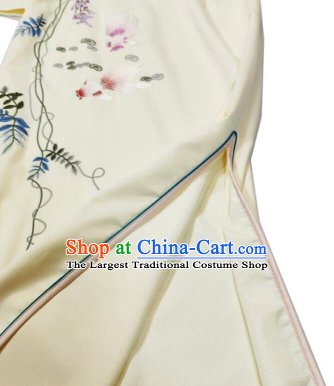 Chinese National Classical Embroidered Beige Qipao Dress Traditional Women Cheongsam Clothing