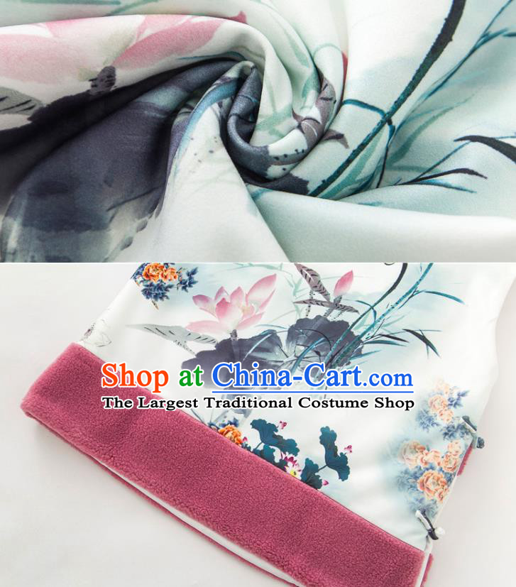 Chinese Classical Ink Painting Lotus Vest National Women Winter Clothing Tang Suit Waistcoat