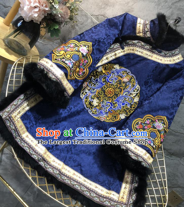 China Woman Winter Outer Garment Tang Suit Coat Traditional Embroidered Royalblue Silk Cotton Padded Jacket