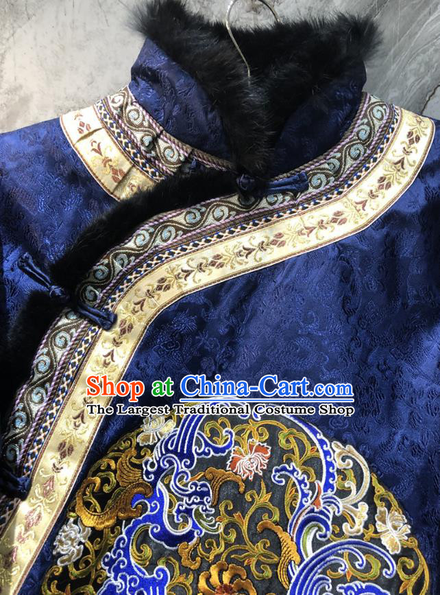 China Woman Winter Outer Garment Tang Suit Coat Traditional Embroidered Royalblue Silk Cotton Padded Jacket