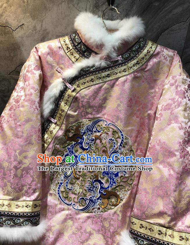 China Tang Suit Coat Traditional Embroidered Pink Silk Cotton Padded Jacket Woman Winter Outer Garment