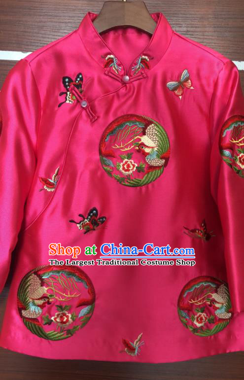 China Woman Outer Garment Tang Suit Rosy Silk Coat Traditional Embroidered Phoenix Jacket