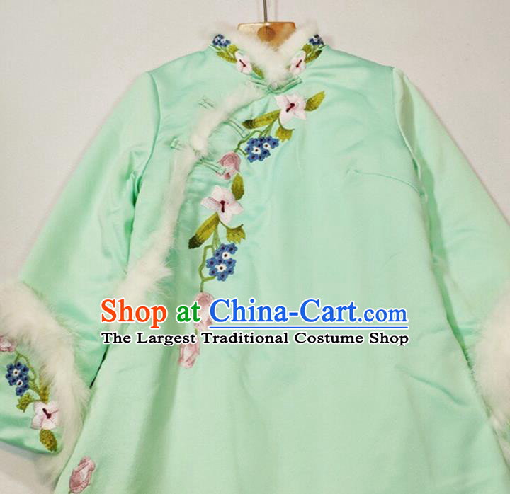 China Winter Tang Suit Coat Woman Outer Garment Traditional Embroidered Green Silk Cotton Wadded Jacket