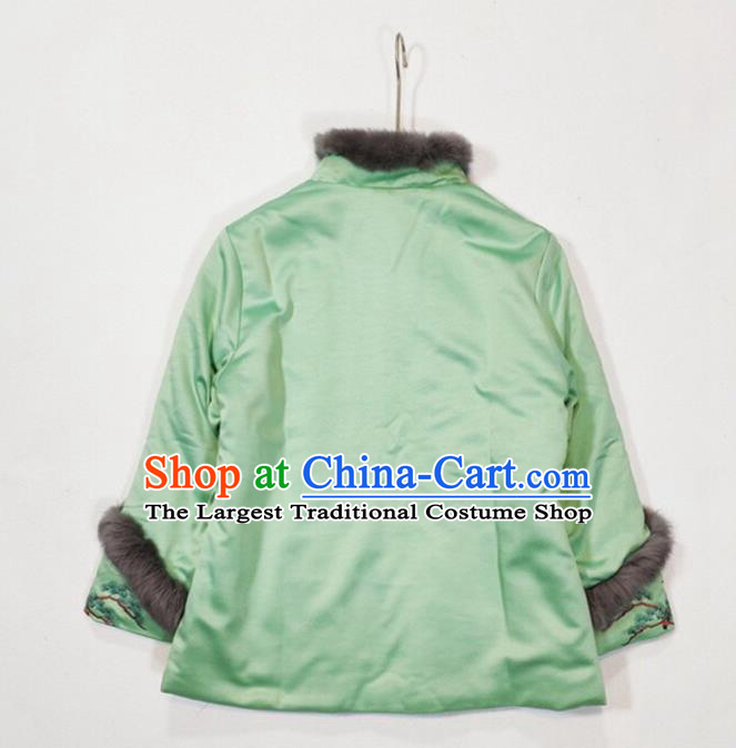 China Traditional Embroidered Green Silk Cotton Wadded Jacket Winter Tang Suit Coat Woman Outer Garment