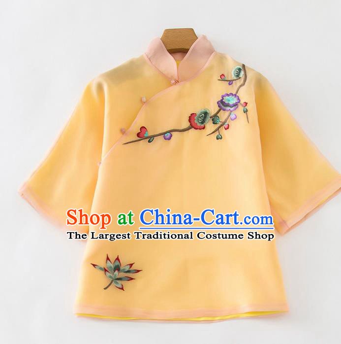 China Traditional Tang Suit Shirt Upper Outer Garment Women Embroidered Orange Organza Blouse