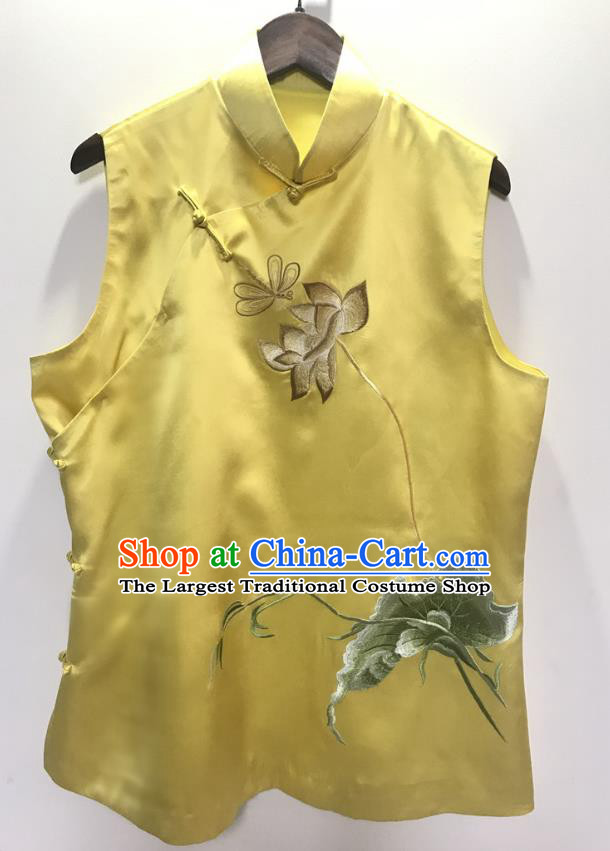 Chinese Classical Embroidered Lotus Yellow Silk Vest National Women Tang Suit Waistcoat