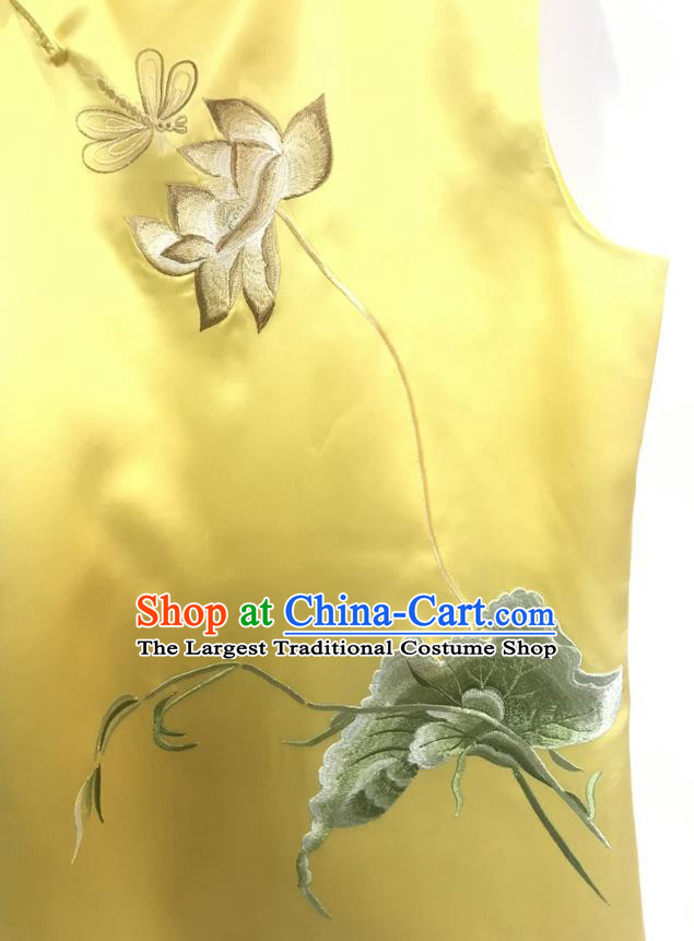Chinese Classical Embroidered Lotus Yellow Silk Vest National Women Tang Suit Waistcoat