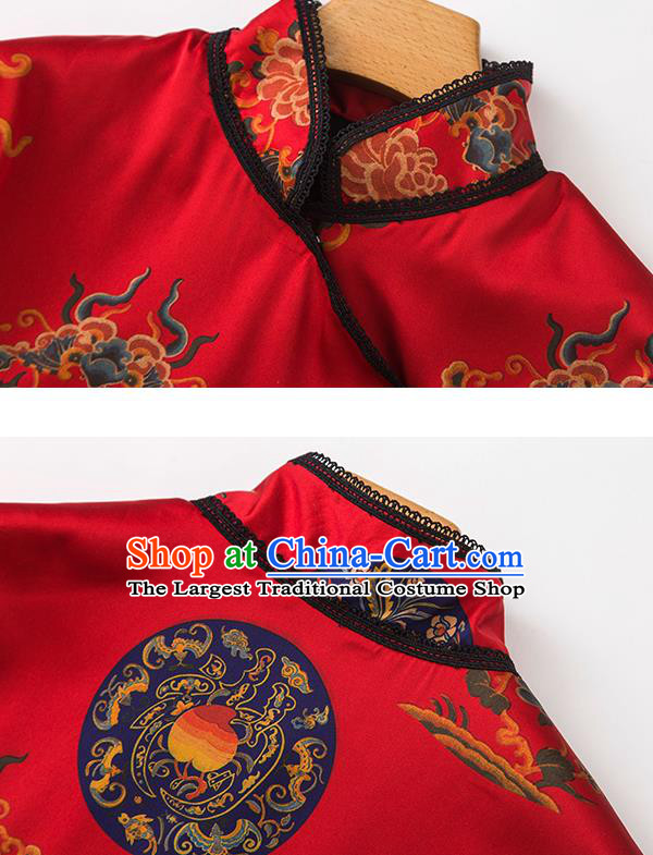 China Traditional Women Upper Outer Garment Printing Peony Red Silk Blouse Tang Suit Shirt