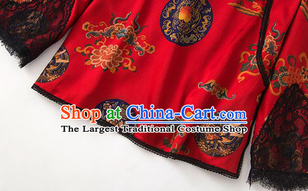 China Traditional Women Upper Outer Garment Printing Peony Red Silk Blouse Tang Suit Shirt