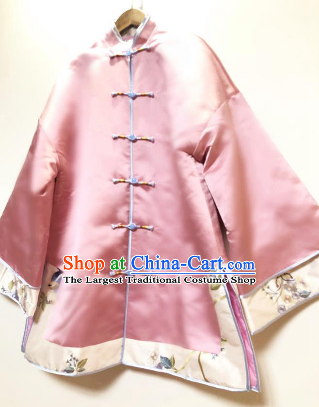 China Traditional Qing Dynasty Upper Outer Garment Tang Suit Shirt Pink Silk Blouse