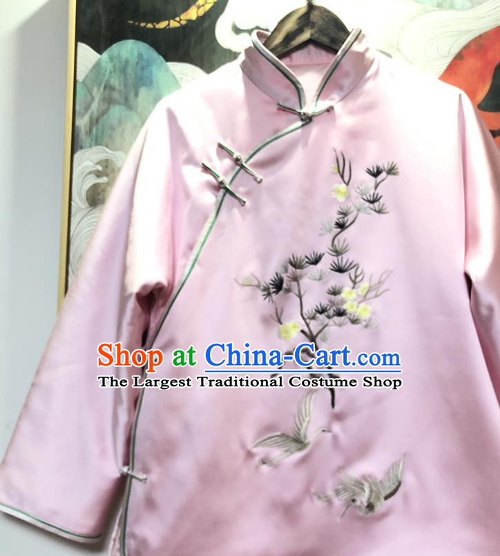 China Traditional Winter Outer Garment Tang Suit Coat Embroidered Pink Silk Cotton Wadded Jacket
