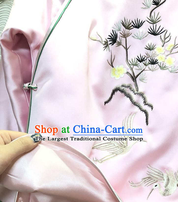 China Traditional Winter Outer Garment Tang Suit Coat Embroidered Pink Silk Cotton Wadded Jacket