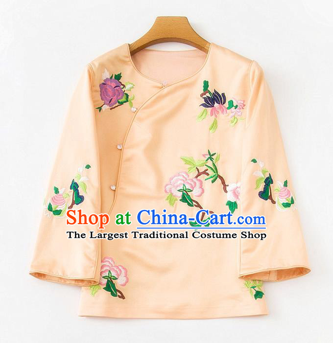 China Embroidered Peony Apricot Silk Shirt Traditional Tang Suit Upper Outer Garment