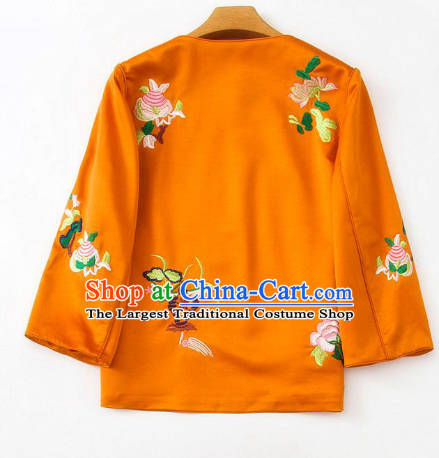 China Embroidered Peony Blouse Traditional Tang Suit Upper Outer Garment Orange Silk Shirt