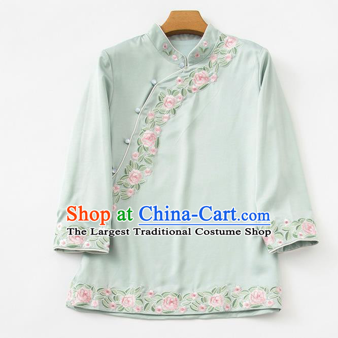 China Traditional Embroidered Roses Light Green Silk Shirt Tang Suit Upper Outer Garment Blouse