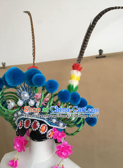 China Traditional Peking Opera Blues Hat Handmade Beijing Opera Female Swordsman Headwear