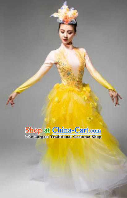 China Spring Festival Gala Flowers Fairy Dance Costume Opening Dance Yellow Veil Dress