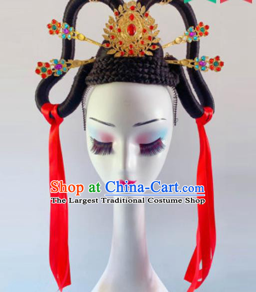China Traditional Stage Performance Headdress Handmade Goddess Wigs Chignon Classical Dance Hair Clasp