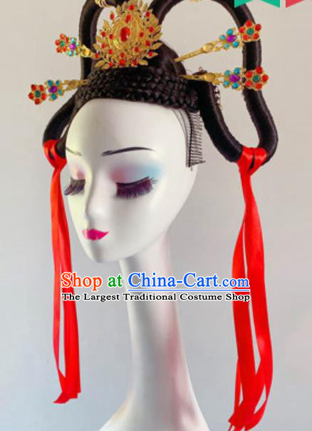 China Traditional Stage Performance Headdress Handmade Goddess Wigs Chignon Classical Dance Hair Clasp