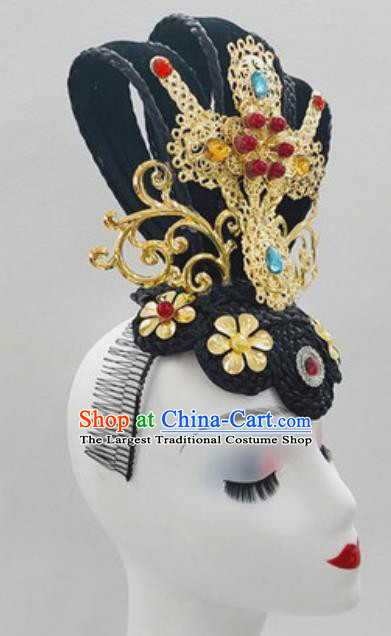 China Classical Dance Hair Clasp Handmade Goddess Dance Wigs Chignon Traditional Stage Performance Headdress