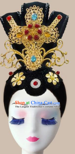 China Classical Dance Hair Clasp Handmade Goddess Dance Wigs Chignon Traditional Stage Performance Headdress