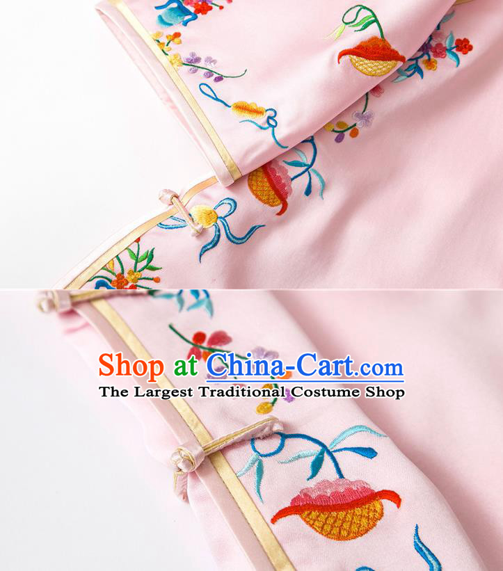 China Traditional Tang Suit Outer Garment Pink Silk Coat Embroidered Butterfly Jacket
