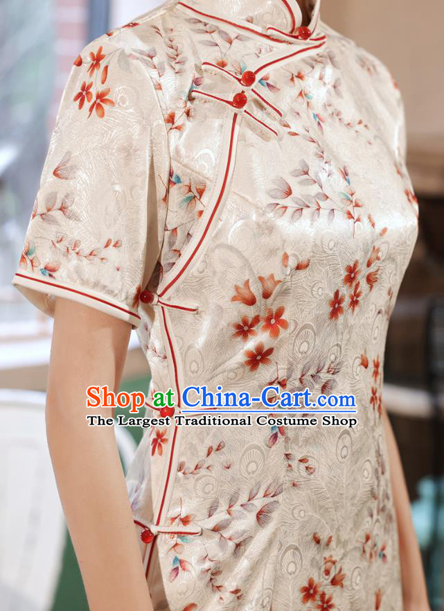 Chinese Classical Printing Peacock White Silk Qipao Dress Traditional Women Cheongsam Clothing