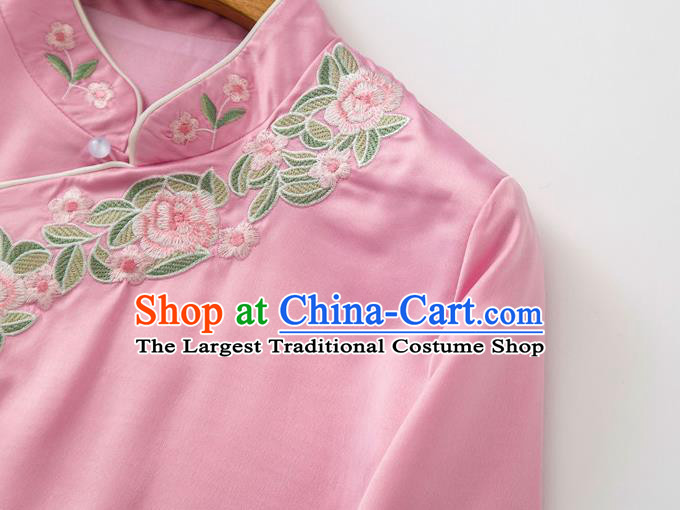 China Tang Suit Upper Outer Garment Blouse Traditional Embroidered Roses Pink Silk Shirt
