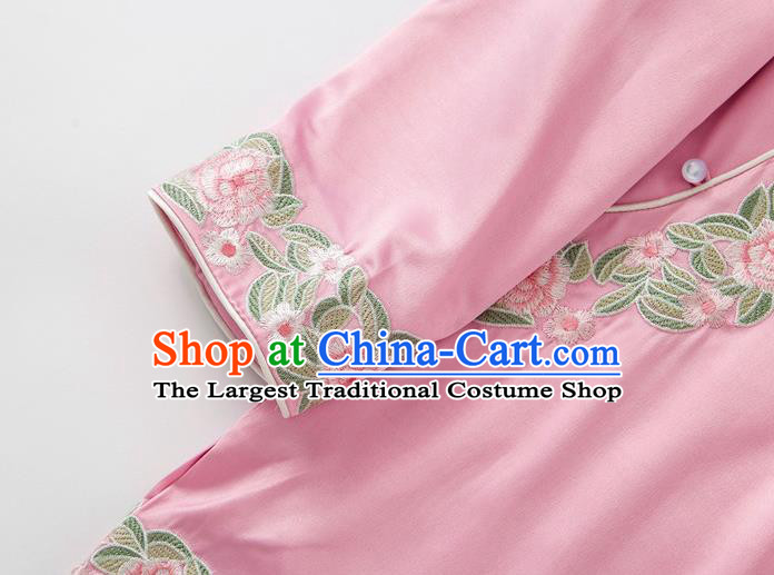 China Tang Suit Upper Outer Garment Blouse Traditional Embroidered Roses Pink Silk Shirt