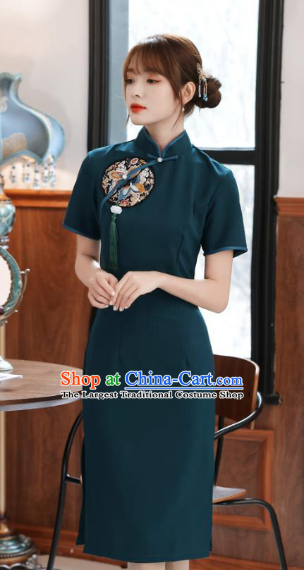 Chinese Traditional Retro Short Cheongsam Classical Peacock Green Qipao Dress