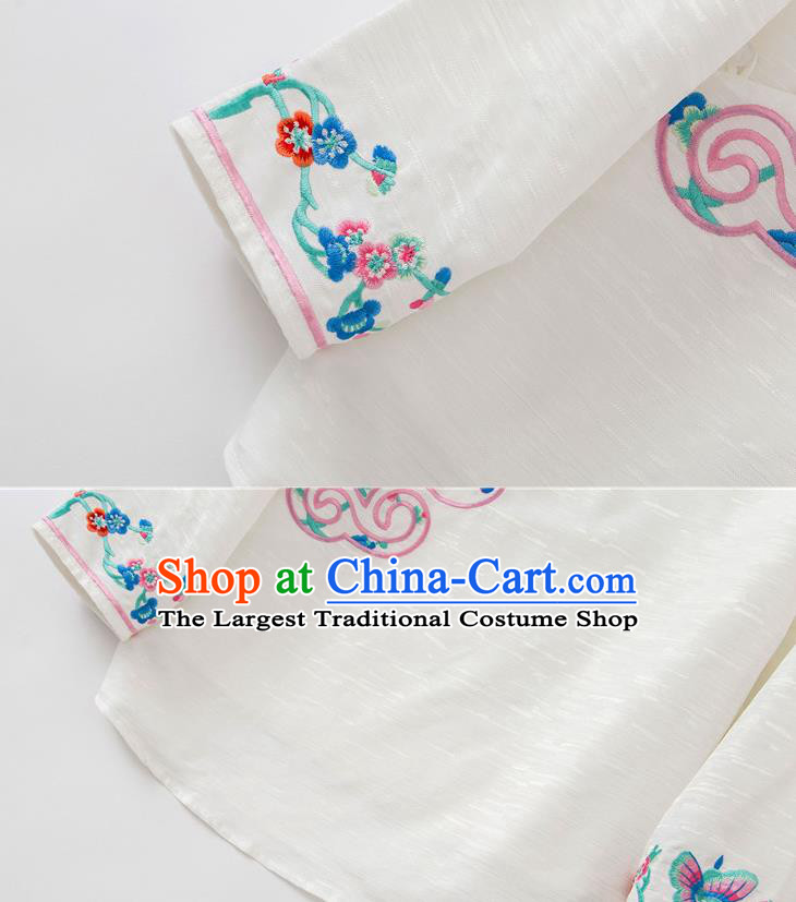 China Women Blouse Traditional Embroidered Butterfly White Flax Shirt Tang Suit Upper Outer Garment