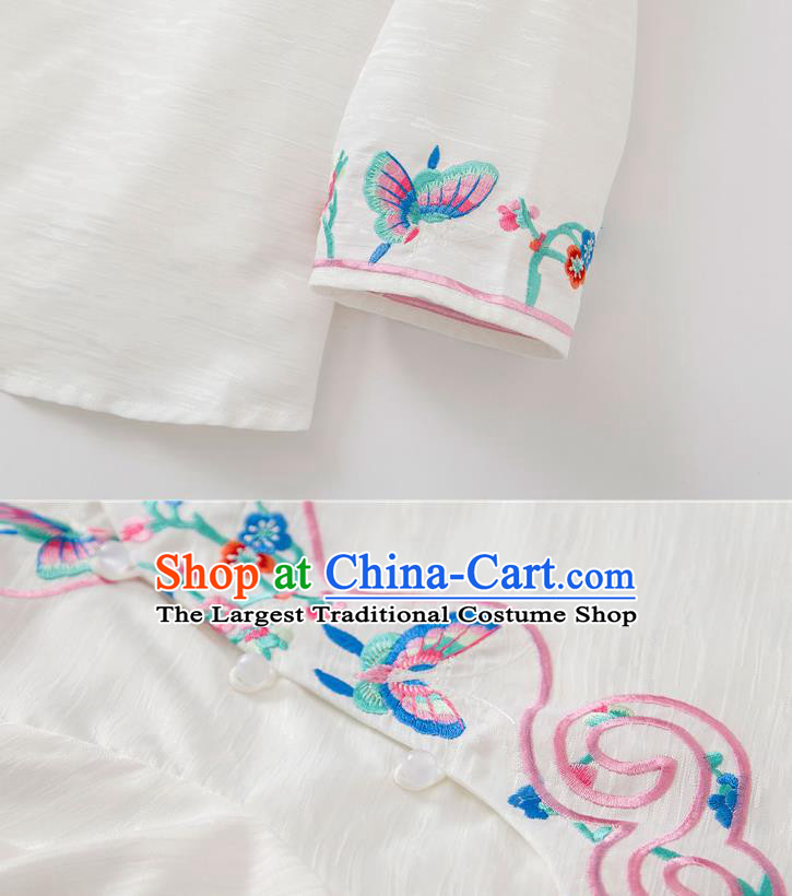 China Women Blouse Traditional Embroidered Butterfly White Flax Shirt Tang Suit Upper Outer Garment