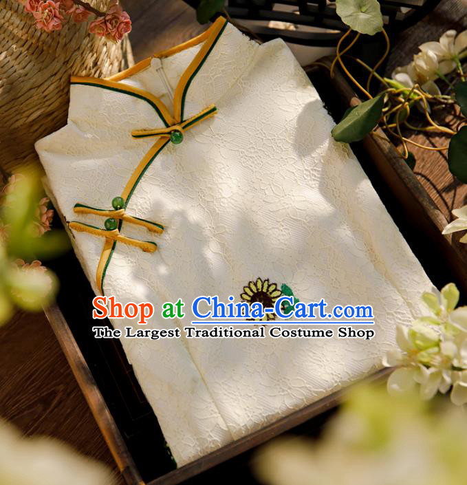 Chinese Traditional Young Lady Cheongsam Classical Printing Sunflowers White Lace Qipao Dress