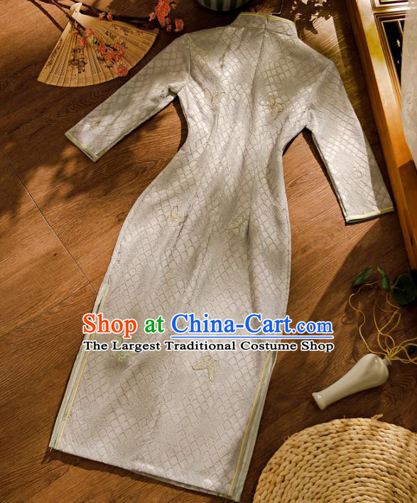 Chinese Classical Grey Lace Qipao Dress Traditional Butterfly Pattern Cheongsam