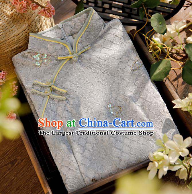 Chinese Classical Grey Lace Qipao Dress Traditional Butterfly Pattern Cheongsam