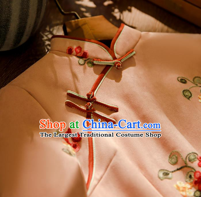 Chinese Classical Winter Qipao Dress Traditional Printing Pink Suede Fabric Cheongsam