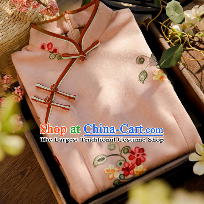 Chinese Classical Winter Qipao Dress Traditional Printing Pink Suede Fabric Cheongsam