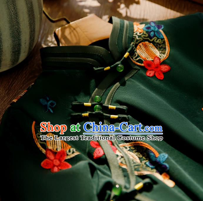 Chinese Traditional Embroidered Deep Green Cheongsam Classical Female Qipao Dress