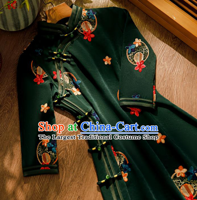 Chinese Traditional Embroidered Deep Green Cheongsam Classical Female Qipao Dress