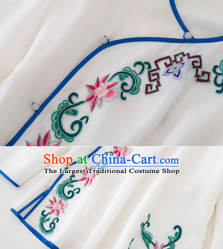 China Traditional Embroidered Flowers White Flax Shirt Tang Suit Upper Outer Garment Women Blouse
